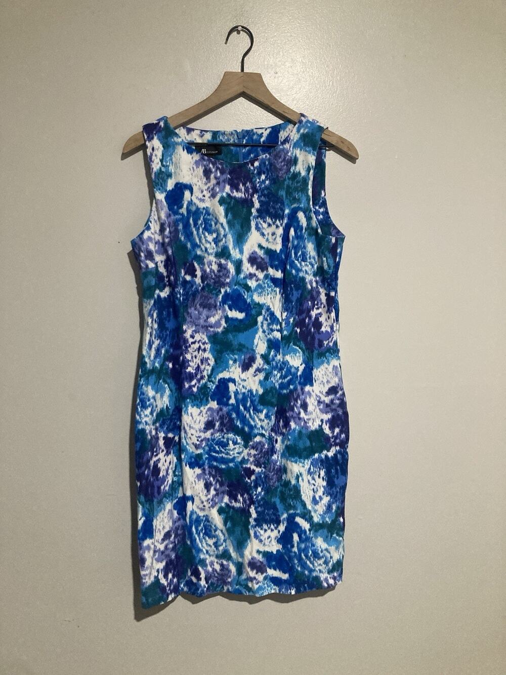 AB Studio Sheath Dress Sleeveless Artsy Floral Watercolor Blue White Size 14